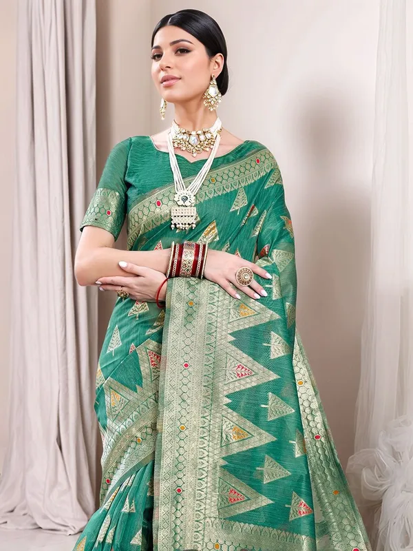 Green_Woven_Chanderi_Linen_Blend_Saree_For_Women