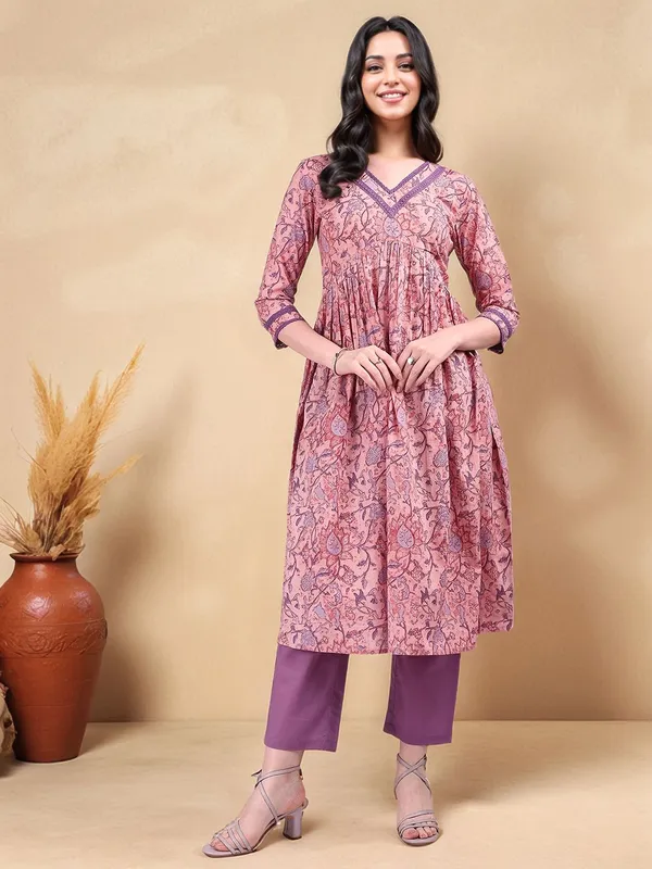Peach_Floral_Printed_Pure_Cotton_Anarkali_Kurta_For_Women