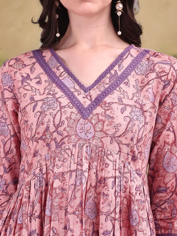 Peach_Floral_Printed_Pure_Cotton_Anarkali_Kurta_For_Women