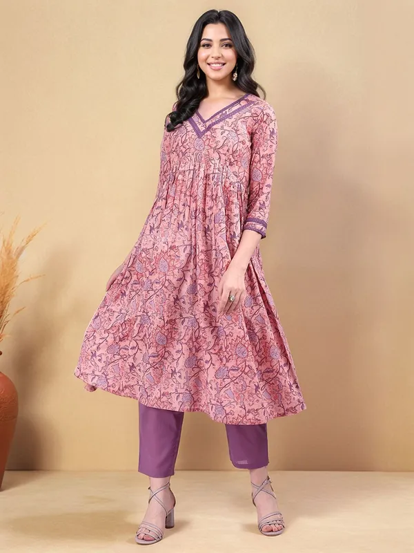 Peach_Floral_Printed_Pure_Cotton_Anarkali_Kurta_For_Women