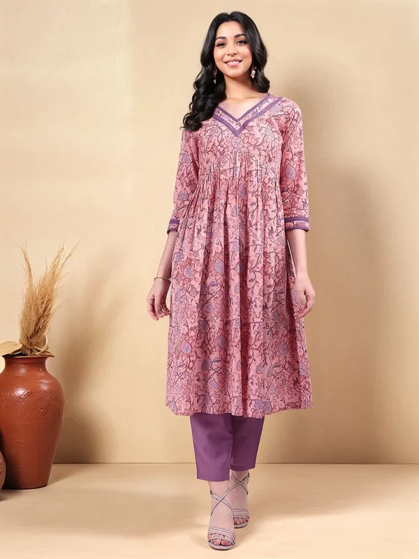 Peach_Floral_Printed_Pure_Cotton_Anarkali_Kurta_For_Women