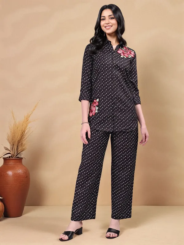Black_Polka_Dot_Printed_Cotton_Blend_Shirt_With_Printed_Cotton_Blend_Trouser_For_Women