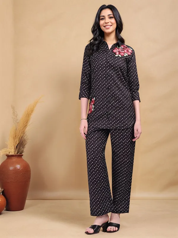 Black_Polka_Dot_Printed_Cotton_Blend_Shirt_With_Printed_Cotton_Blend_Trouser_For_Women