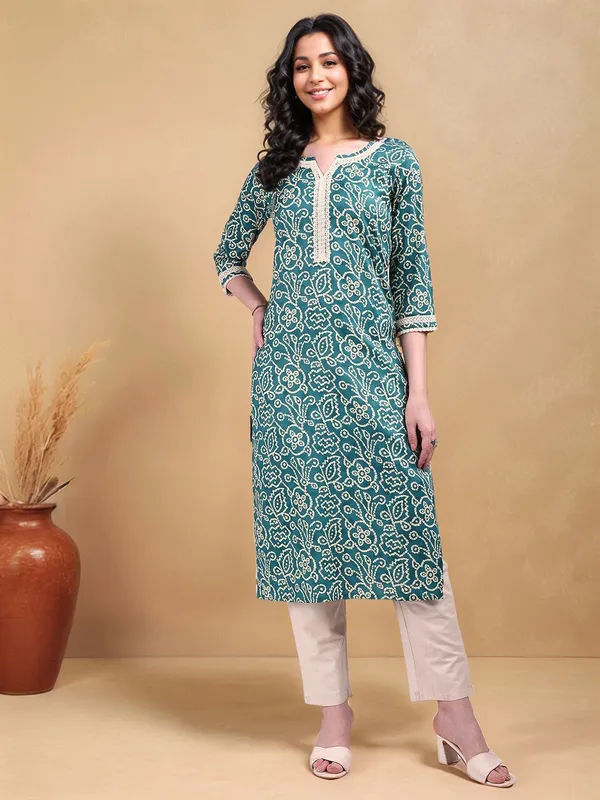 Green_Bandhani_Printed_Cotton_Blend_Straight_Kurta_For_Women