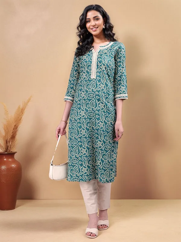 Green_Bandhani_Printed_Cotton_Blend_Straight_Kurta_For_Women