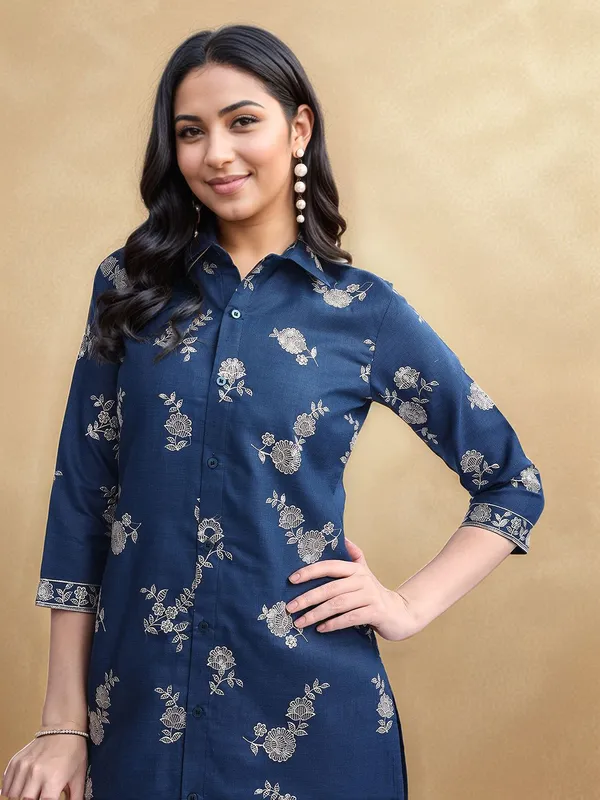 Teal_Blue_Floral_Embroidered_Cotton_Blend_Shirt_With_Solid_Cotton_Blend_Trouser_For_Women