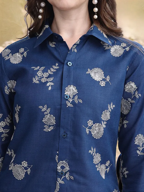 Teal_Blue_Floral_Embroidered_Cotton_Blend_Shirt_With_Solid_Cotton_Blend_Trouser_For_Women
