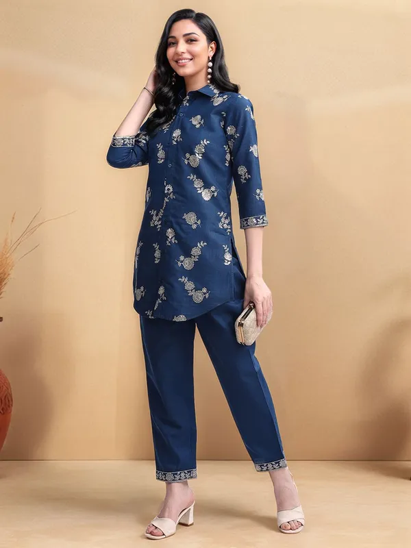 Teal_Blue_Floral_Embroidered_Cotton_Blend_Shirt_With_Solid_Cotton_Blend_Trouser_For_Women