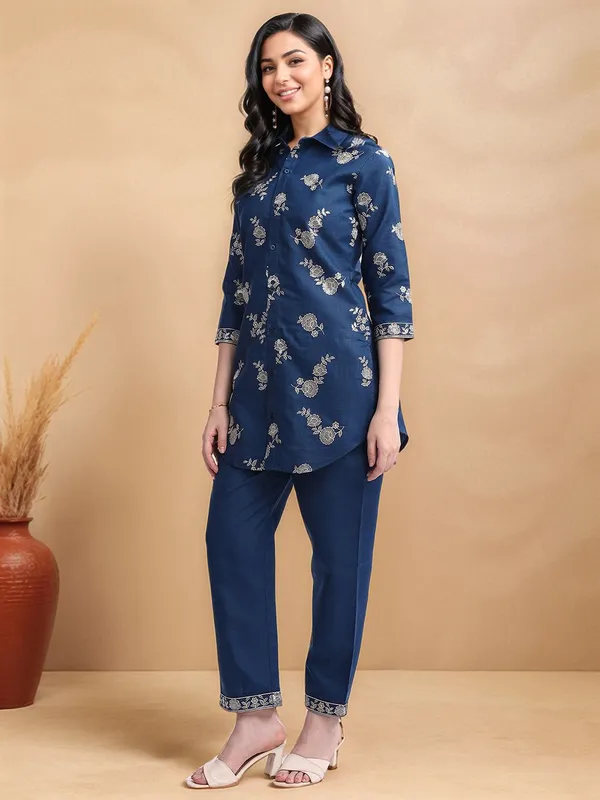 Teal_Blue_Floral_Embroidered_Cotton_Blend_Shirt_With_Solid_Cotton_Blend_Trouser_For_Women