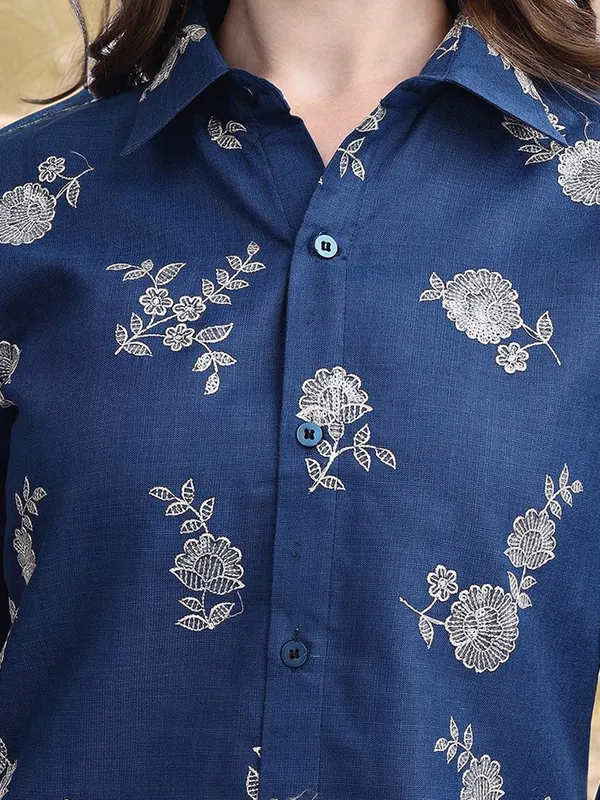 Teal_Blue_Floral_Embroidered_Cotton_Blend_Shirt_With_Solid_Cotton_Blend_Trouser_For_Women