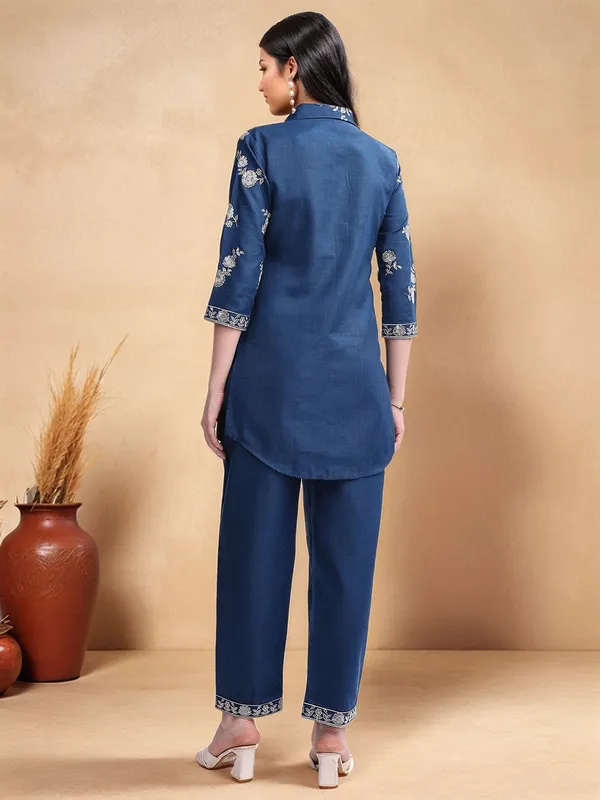Teal_Blue_Floral_Embroidered_Cotton_Blend_Shirt_With_Solid_Cotton_Blend_Trouser_For_Women