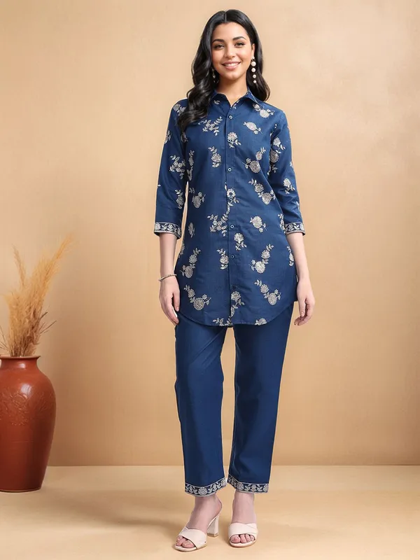 Teal_Blue_Floral_Embroidered_Cotton_Blend_Shirt_With_Solid_Cotton_Blend_Trouser_For_Women