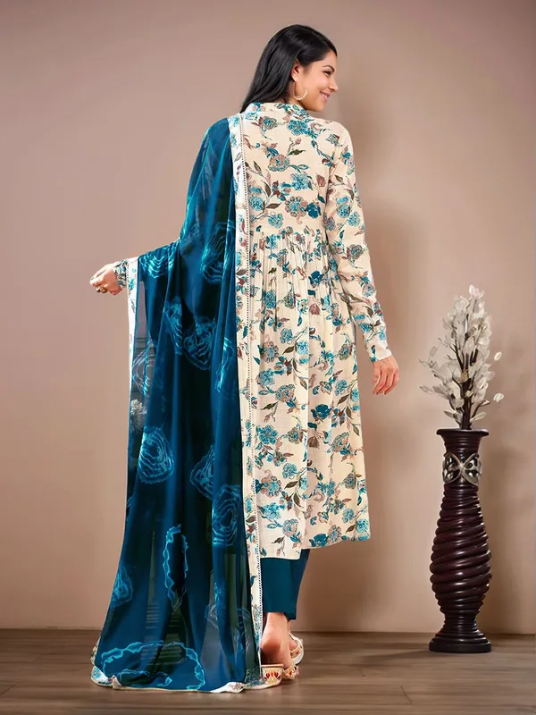 Cream_&_Teal_Blue_Floral_Printed_Pure_Cotton_Anarkali_Kurta_With_Solid_Cotton_Blend_Trouser_And_Printed_Dupatta_For_Women
