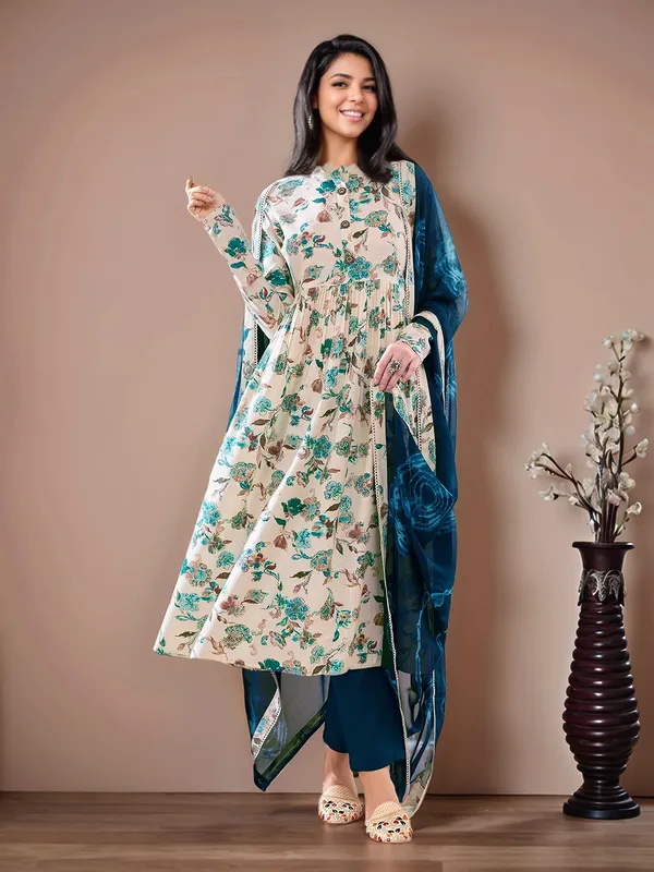 Cream_&_Teal_Blue_Floral_Printed_Pure_Cotton_Anarkali_Kurta_With_Solid_Cotton_Blend_Trouser_And_Printed_Dupatta_For_Women