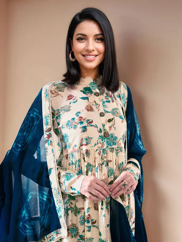 Cream_&_Teal_Blue_Floral_Printed_Pure_Cotton_Anarkali_Kurta_With_Solid_Cotton_Blend_Trouser_And_Printed_Dupatta_For_Women