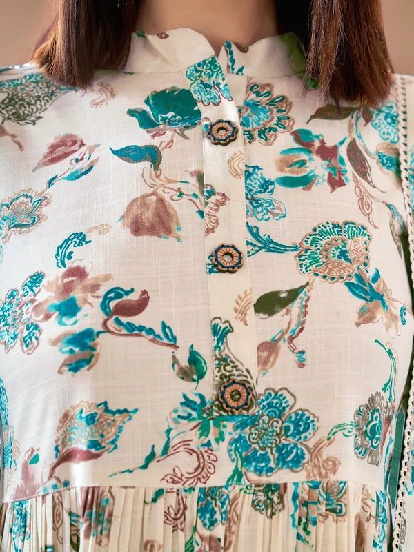Cream_&_Teal_Blue_Floral_Printed_Pure_Cotton_Anarkali_Kurta_With_Solid_Cotton_Blend_Trouser_And_Printed_Dupatta_For_Women