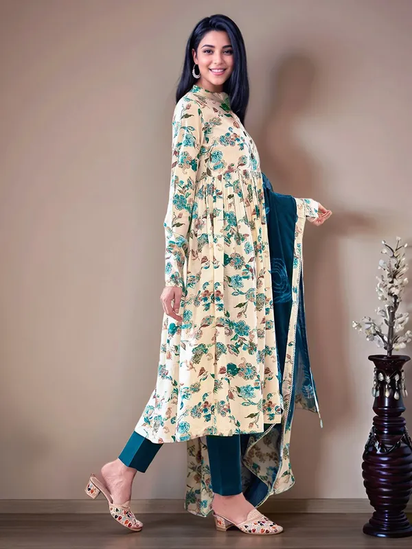 Cream_&_Teal_Blue_Floral_Printed_Pure_Cotton_Anarkali_Kurta_With_Solid_Cotton_Blend_Trouser_And_Printed_Dupatta_For_Women