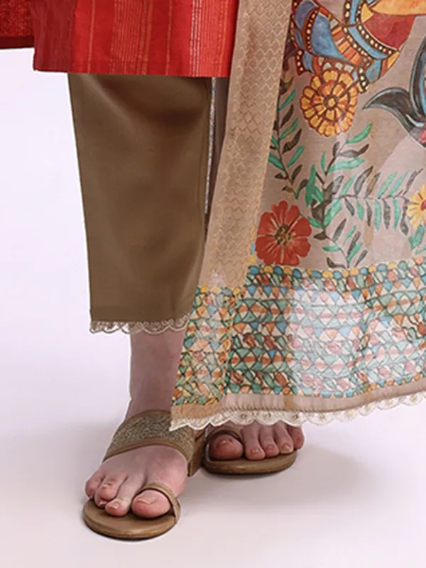 Red_Striped_Solid_Cotton_Blend_Straight_Kurta_With_Solid_Cotton_Blend_Trouser_And_Printed_Dupatta_For_Women