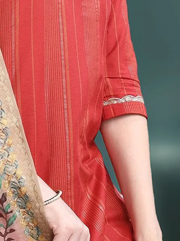 Red_Striped_Solid_Cotton_Blend_Straight_Kurta_With_Solid_Cotton_Blend_Trouser_And_Printed_Dupatta_For_Women