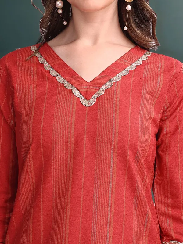 Red_Striped_Solid_Cotton_Blend_Straight_Kurta_With_Solid_Cotton_Blend_Trouser_And_Printed_Dupatta_For_Women
