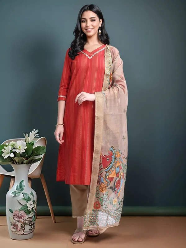 Red_Striped_Solid_Cotton_Blend_Straight_Kurta_With_Solid_Cotton_Blend_Trouser_And_Printed_Dupatta_For_Women