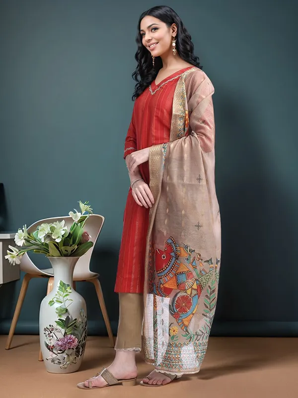 Red_Striped_Solid_Cotton_Blend_Straight_Kurta_With_Solid_Cotton_Blend_Trouser_And_Printed_Dupatta_For_Women