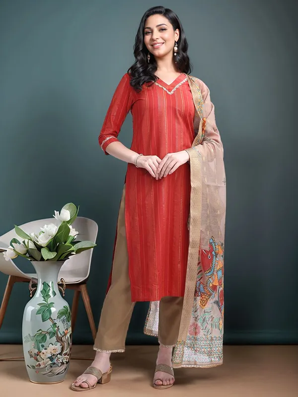 Red_Striped_Solid_Cotton_Blend_Straight_Kurta_With_Solid_Cotton_Blend_Trouser_And_Printed_Dupatta_For_Women