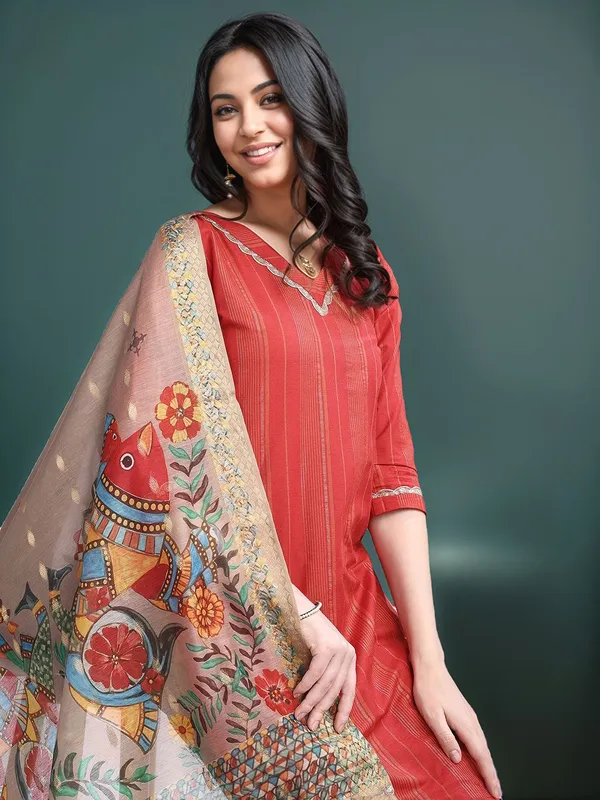 Red_Striped_Solid_Cotton_Blend_Straight_Kurta_With_Solid_Cotton_Blend_Trouser_And_Printed_Dupatta_For_Women