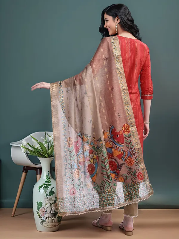 Red_Striped_Solid_Cotton_Blend_Straight_Kurta_With_Solid_Cotton_Blend_Trouser_And_Printed_Dupatta_For_Women