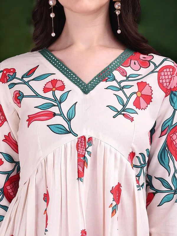 Cream_Floral_Printed_Cotton_Blend_Anarkali_Kurta_With_Printed_Cotton_Blend_Trouser_And_Printed_Dupatta_For_Women