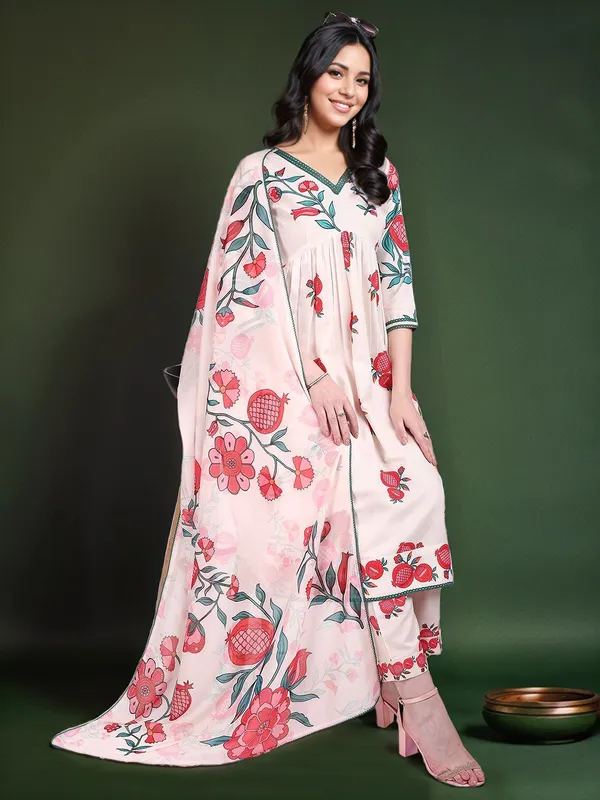 Cream_Floral_Printed_Cotton_Blend_Anarkali_Kurta_With_Printed_Cotton_Blend_Trouser_And_Printed_Dupatta_For_Women