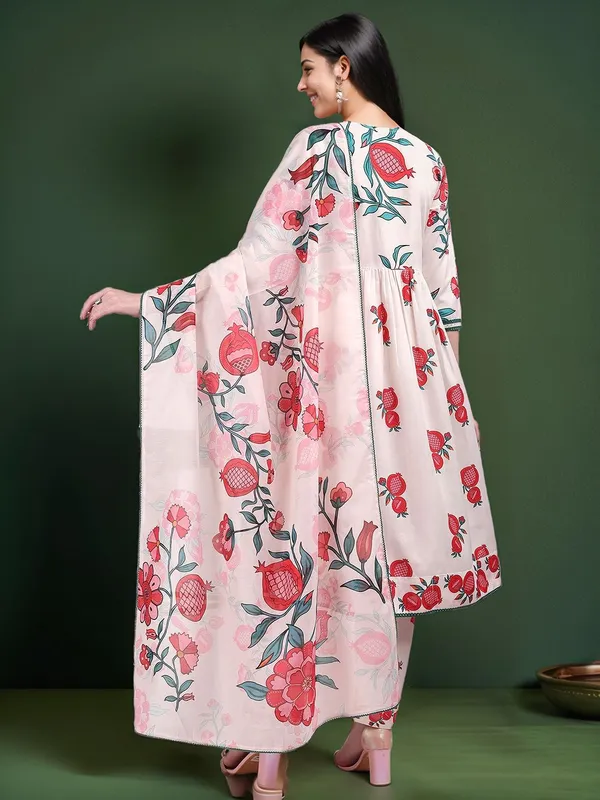 Cream_Floral_Printed_Cotton_Blend_Anarkali_Kurta_With_Printed_Cotton_Blend_Trouser_And_Printed_Dupatta_For_Women