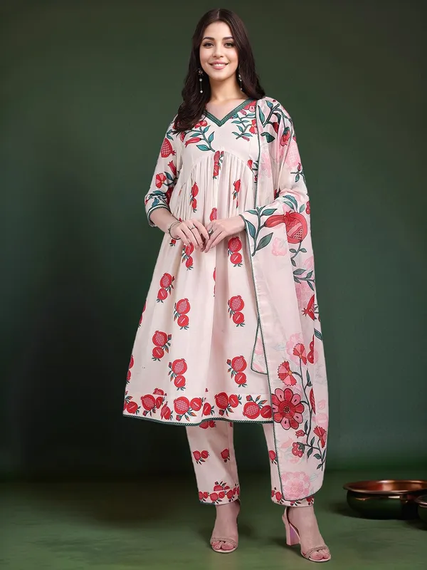 Cream_Floral_Printed_Cotton_Blend_Anarkali_Kurta_With_Printed_Cotton_Blend_Trouser_And_Printed_Dupatta_For_Women