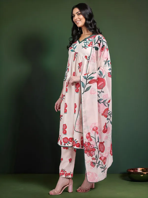 Cream_Floral_Printed_Cotton_Blend_Anarkali_Kurta_With_Printed_Cotton_Blend_Trouser_And_Printed_Dupatta_For_Women