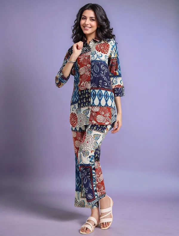 Multicolour_Digital_Printed_Cotton_Blend_Shirt_With_Printed_Cotton_Blend_Trouser_For_Women