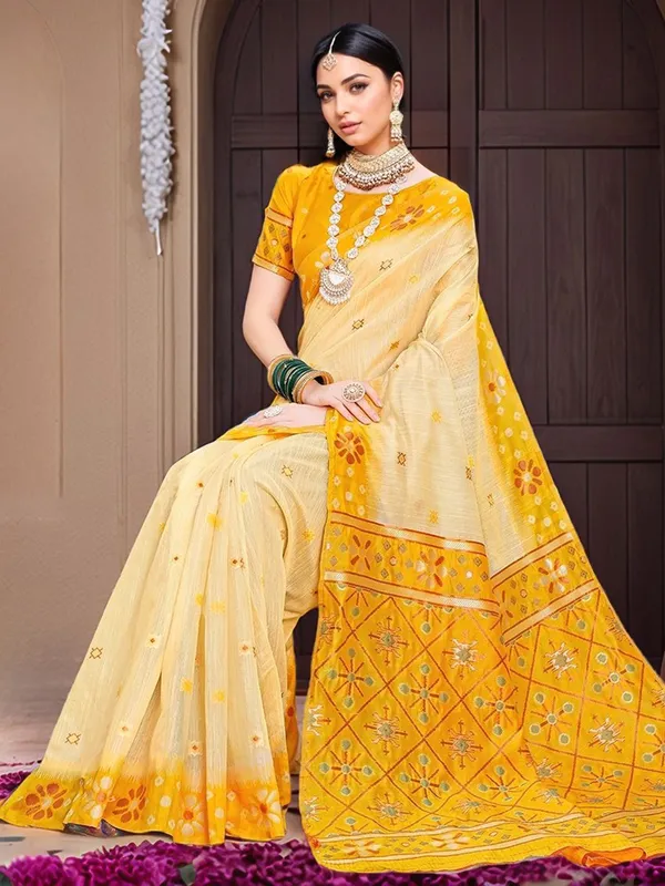 Yellow_Woven_Chanderi_Linen_Blend_Saree_For_Women