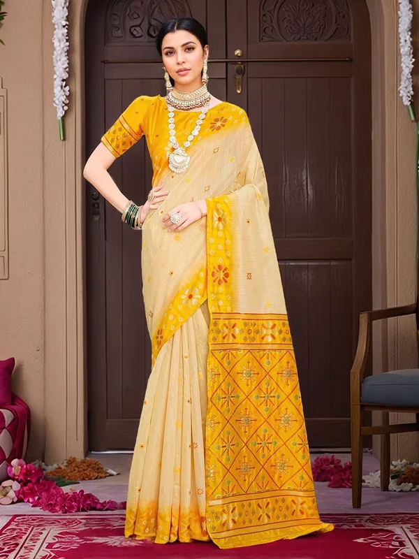 Yellow_Woven_Chanderi_Linen_Blend_Saree_For_Women