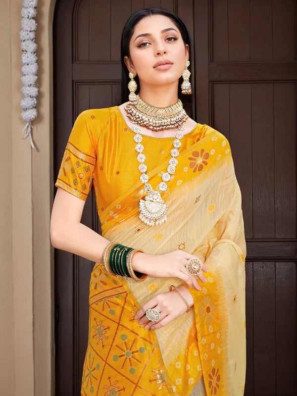 Yellow_Woven_Chanderi_Linen_Blend_Saree_For_Women