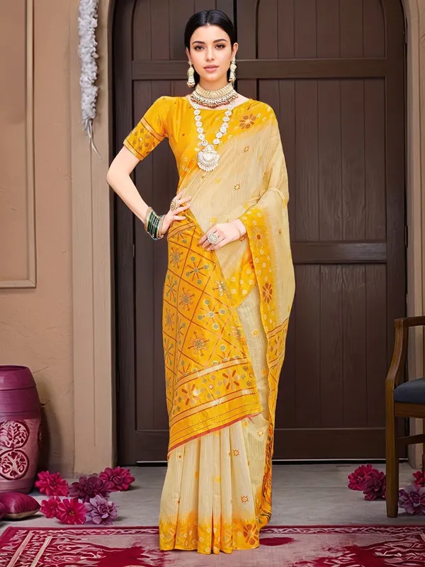 Yellow_Woven_Chanderi_Linen_Blend_Saree_For_Women