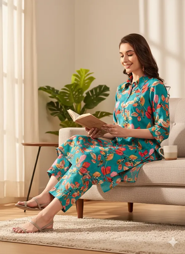 Women_Blue_Cotton_blend_Floral_Printed_straight_kurta_&_Printed_Trousers