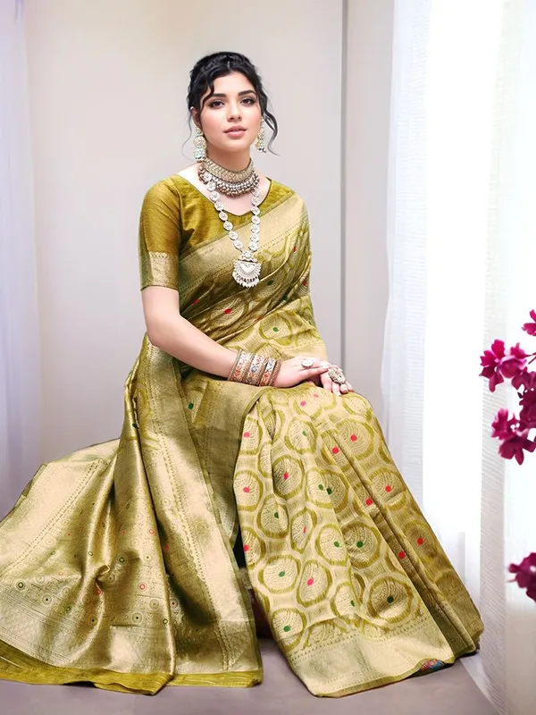 Lime_Green_Woven_Banarasi_Linen_Blend_Saree_For_Women