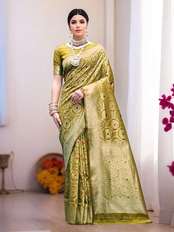 Lime_Green_Woven_Banarasi_Linen_Blend_Saree_For_Women