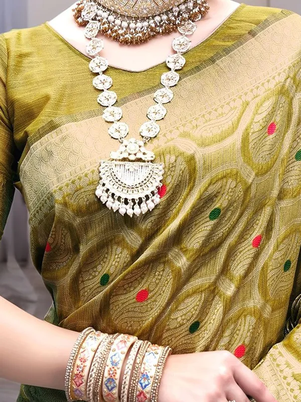 Lime_Green_Woven_Banarasi_Linen_Blend_Saree_For_Women