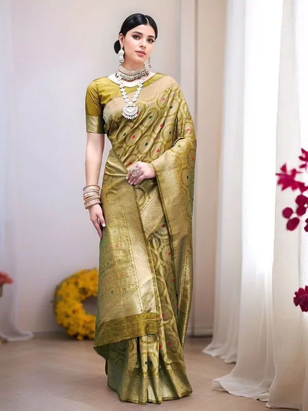Lime_Green_Woven_Banarasi_Linen_Blend_Saree_For_Women