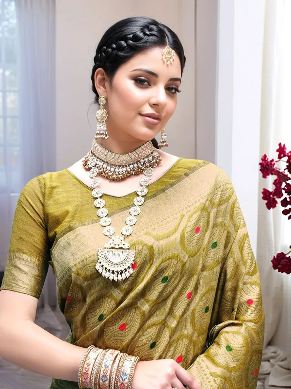 Lime_Green_Woven_Banarasi_Linen_Blend_Saree_For_Women