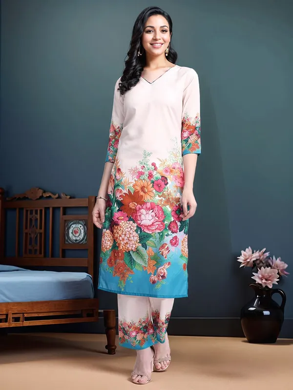 Beige_Floral_Printed_Cotton_Blend_Straight_Kurta_With_Printed_Cotton_Blend_Trouser_For_Women