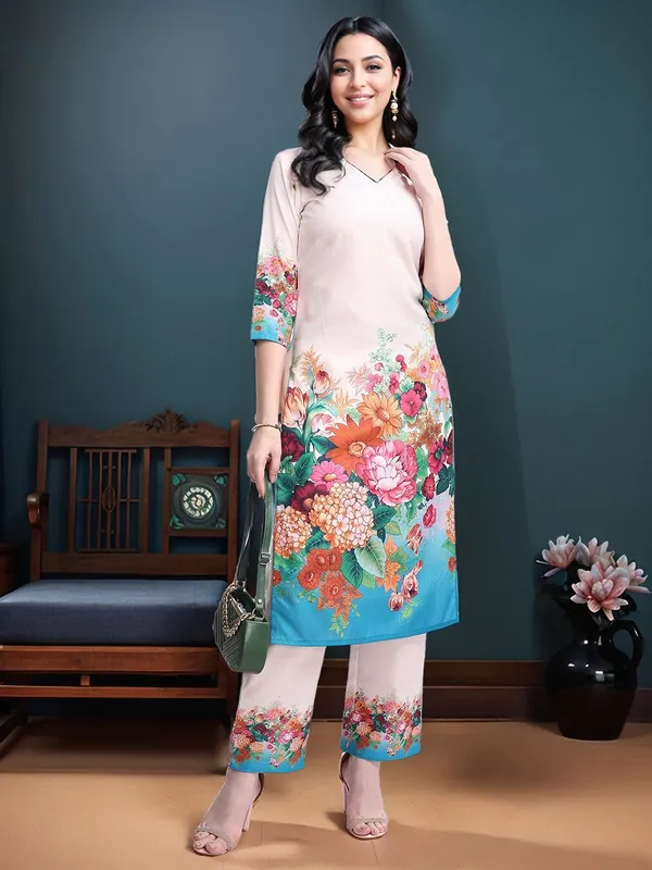 Beige_Floral_Printed_Cotton_Blend_Straight_Kurta_With_Printed_Cotton_Blend_Trouser_For_Women