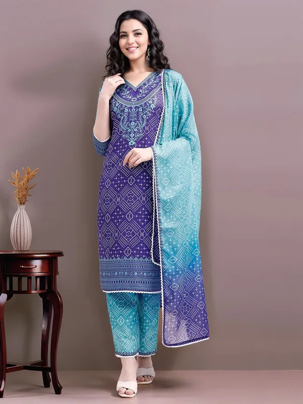 Women_Bandhani_Printed_Purple_Cotton_blend_Straight_Kurta_Set_with_Crosio_Lace_&_Ombre_Dupatta