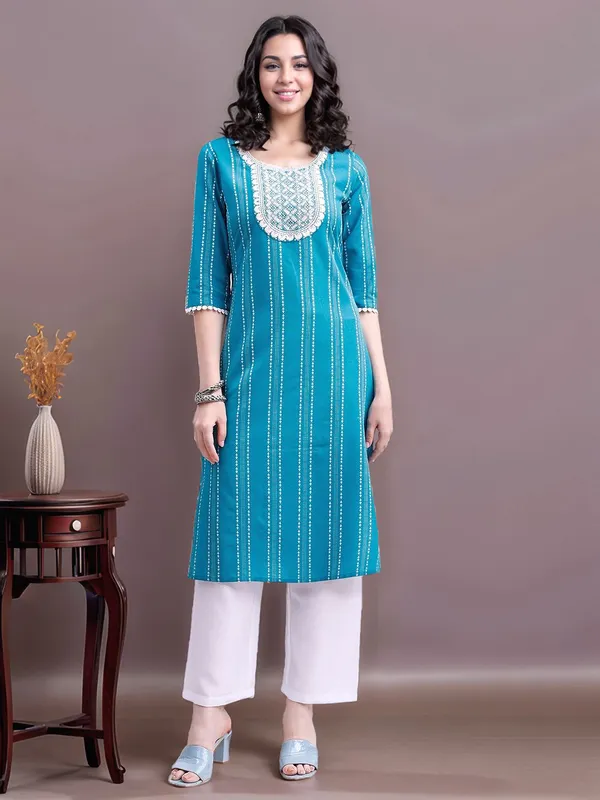 Women_Aqua_blue_Pure_Cotton_Handloom_Kurta_with_Thread_Work_and_Sequins_Embroidery_on_Yoke