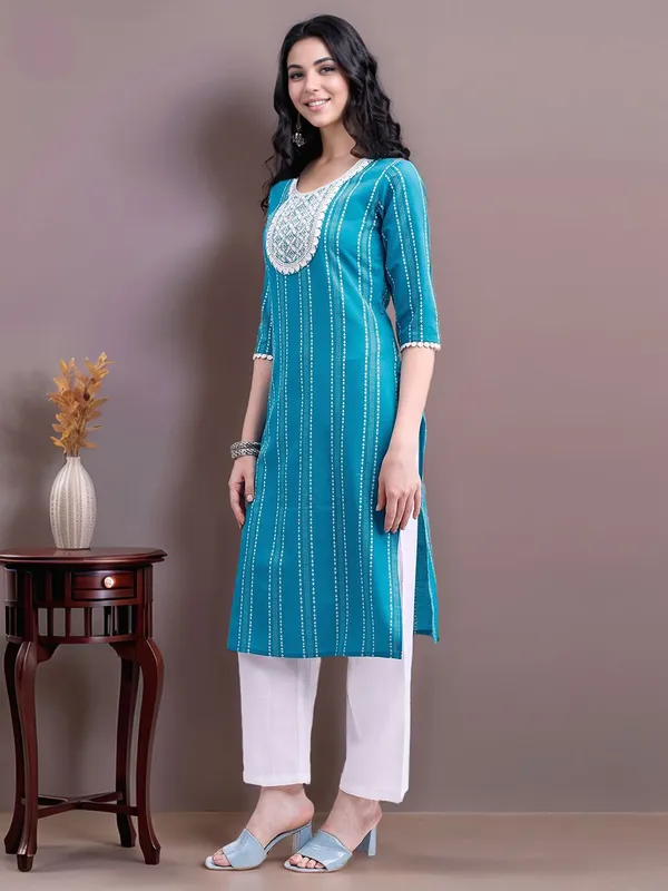Women_Aqua_blue_Pure_Cotton_Handloom_Kurta_with_Thread_Work_and_Sequins_Embroidery_on_Yoke